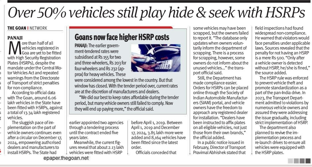thegoanonline's tweet photo. THE GOAN | Over 50% #vehicles still play hide & seek with #HSRPs
Read more: https://t.co/iXQ5abMKaH
#Goa #News #Headlines https://t.co/fz2eMwJlpg