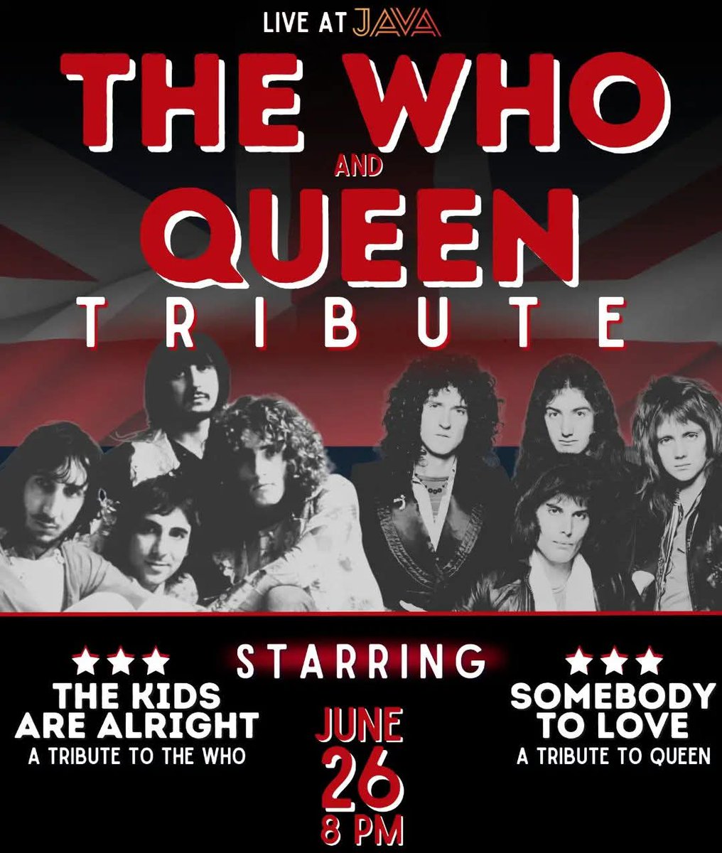 Somebody To Love; A Tribute to Queen 
w/ The Kids Are Alright: A Tribute To The Who
Thursday June 26, 2025 at Hot Java Bar 
8pm
21+ Only: $15 ADV. / $20 DAY OF

Tickets 🎟: prekindle.com/event/85512-so…
