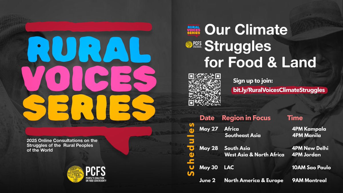 🌱 Rural communities face the brunt of the climate crisis — it’s time their voices are heard.

Join us in the #RuralVoices and hear stories of struggle &amp; resistance from around the world.

Register🔗 bit.ly/RuralVoicesCli…
Guide questions📰 pcfs.global/ruralvoices202…