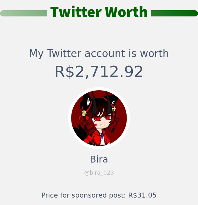 Meu valor no Twitter é: R$2,712.92

➡️ infinityweet.me/account-worth?…