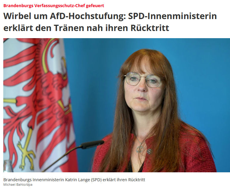 PeterBorbe's tweet photo. Der Rücktritt von Brandenburgs Innenministerin Katrin Lange (SPD) darf als warnendes Signal ins ganze Land gehen: Wer sich mit den Inlandsgeheimdiensten anlegt und dem großangelegten Projekt "Vernichtung der Oppositionspartei AfD" im Wege steht, der muss mit dem sofortigen Karriereende rechnen. Es ist wohl davon auszugehen, dass Lange entsprechend unter Druck gesetzt wurde, den Rücktritt zu erklären. Prinzip "Bestrafe einen, erziehe Hunderte".
https://t.co/2pbLVQvfMX