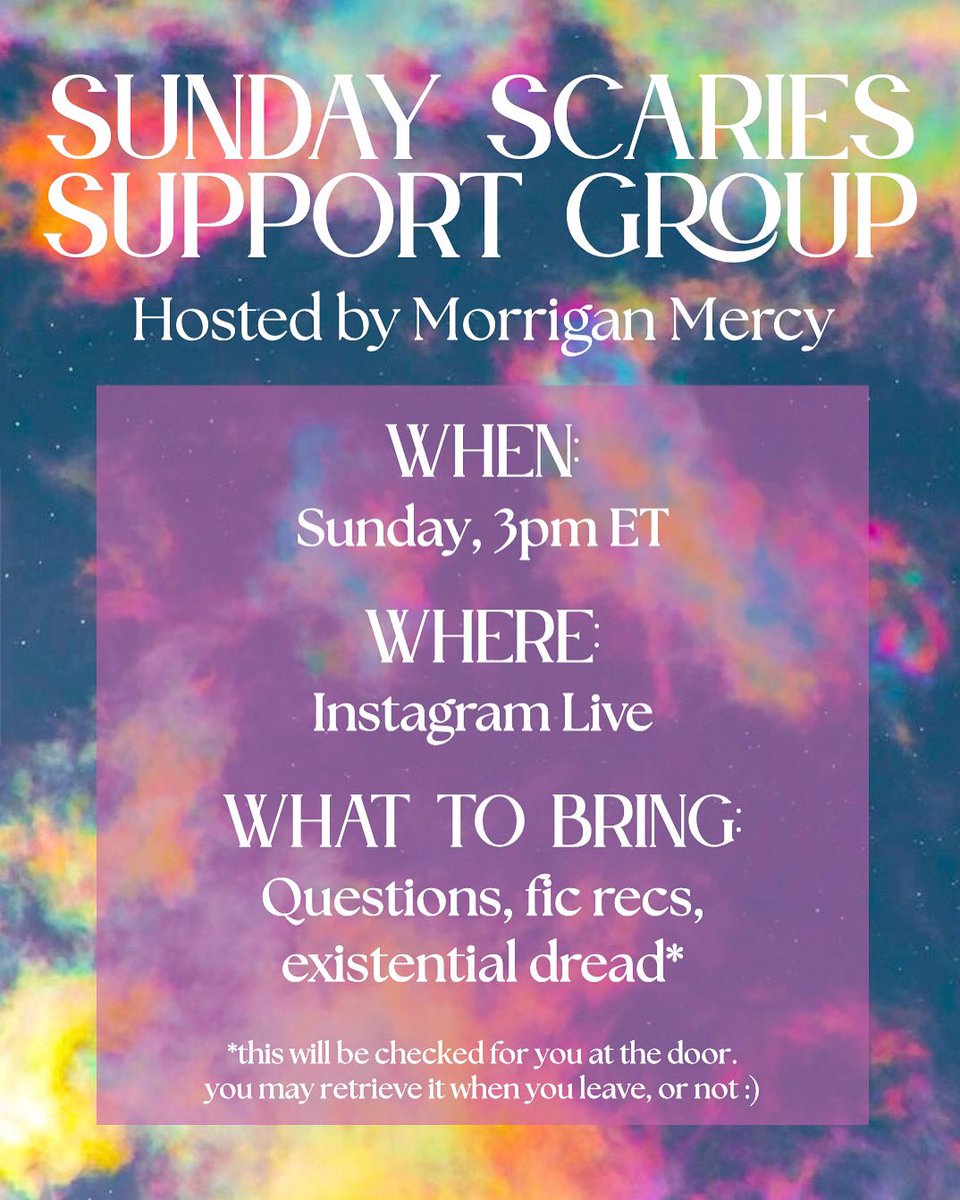 Because the horrors persist, yet so do we! Stop by and chat to help keep them at bay 😌

(you don’t actually have to bring anything, just come say hi!)

I’m @ morriganmercywrites there 💕