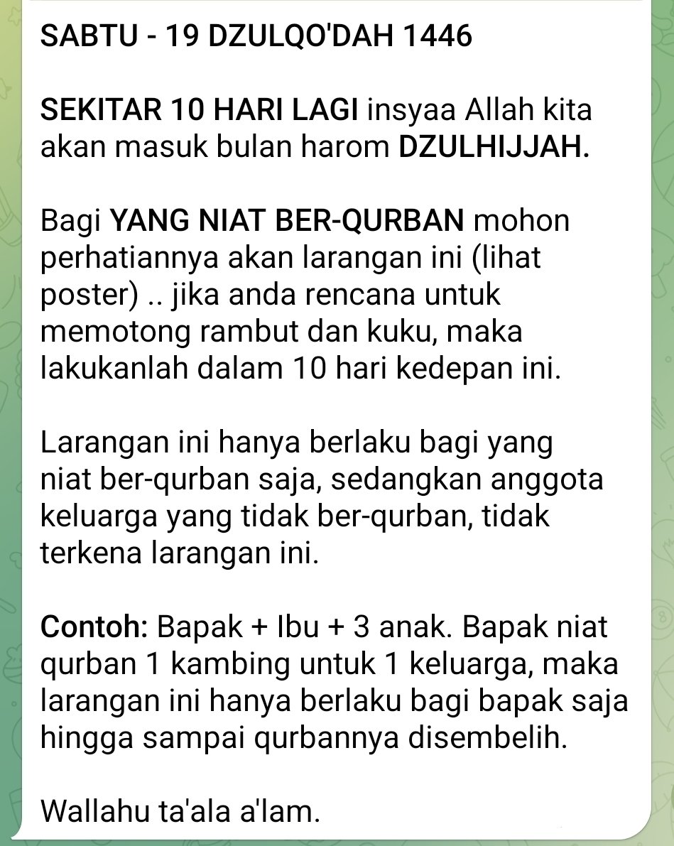 SABTU - 19 DZULQO'DAH 1446

10 HARI LAGI insyaa Allah kita akan masuk bulan harom DZULHIJJAH.

Bagi YANG NIAT BER-QURBAN mohon perhatiannya akan larangan ini (lihat poster) .. jika anda rencana untuk memotong rambut dan kuku, maka lakukanlah dalam 10 hari kedepan ini.