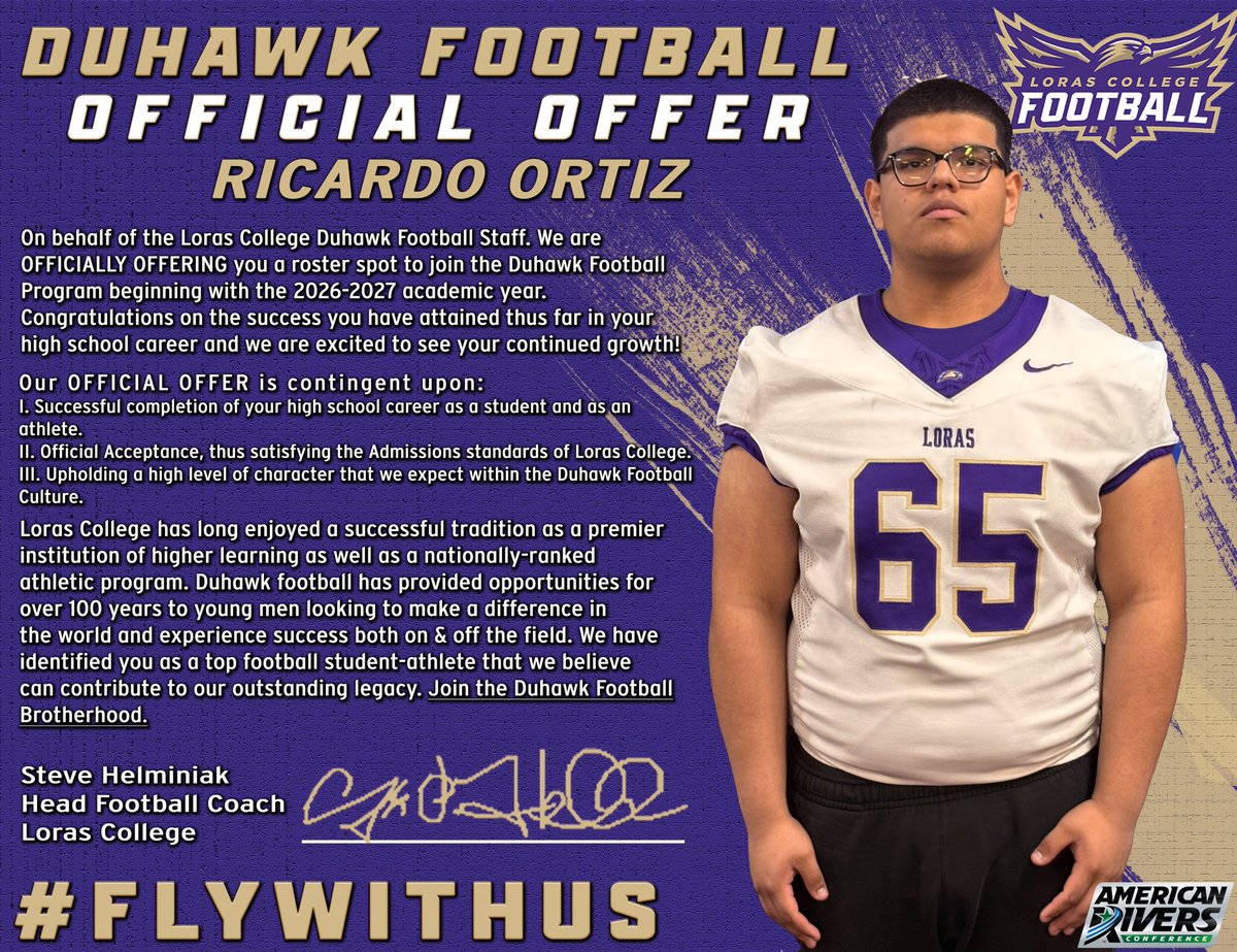 Ricky Ortiz (@rickyor26) on Twitter photo After a great conversation with <a href="/CoachHLorasFB/">Steve Helminiak</a> I am blessed to say I received my first offer from <a href="/LorasCollegeFB/">Loras Football</a>
<a href="/nickvecrumba27/">Nick Vecrumba</a> <a href="/Mezziahs_93/">Mezziahs McDaniel</a> <a href="/CoachCChang/">Coach Chris Chang</a> <a href="/BHSdogsfootball/">BHS Football</a> After a great conversation with <a href="/CoachHLorasFB/">Steve Helminiak</a> I am blessed to say I received my first offer from <a href="/LorasCollegeFB/">Loras Football</a>
<a href="/nickvecrumba27/">Nick Vecrumba</a> <a href="/Mezziahs_93/">Mezziahs McDaniel</a> <a href="/CoachCChang/">Coach Chris Chang</a> <a href="/BHSdogsfootball/">BHS Football</a>