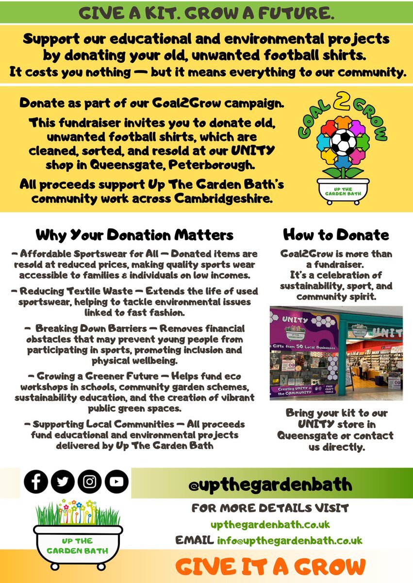 Up The Garden Bath (@upthegardenbath) on Twitter photo GIVE A KIT ABOUT YOUR COMMUNITY!
Support our new project #Goal2Grow by donating your old football kits.
We clean and resell them at low prices via UNITY in <a href="/Queensgate_PB/">Queensgate</a> to fund eco workshops, gardens & sustainability education across Cambridgeshire.
DONATE TODAY!!! GIVE A KIT ABOUT YOUR COMMUNITY!
Support our new project #Goal2Grow by donating your old football kits.
We clean and resell them at low prices via UNITY in <a href="/Queensgate_PB/">Queensgate</a> to fund eco workshops, gardens & sustainability education across Cambridgeshire.
DONATE TODAY!!!