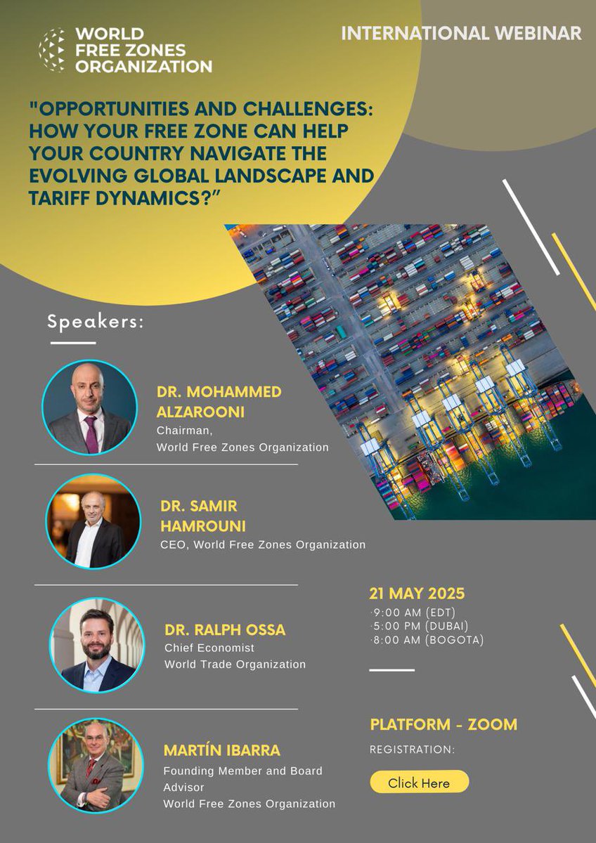 📢 El próximo miércoles 21 de mayo se llevará a cabo el webinario organizado por la WFZO:
"Oportunidades y desafíos: cómo su zona franca puede ayudar a su país a navegar el nuevo entorno internacional y los aranceles estadounidenses."

us02web.zoom.us/webinar/regist…