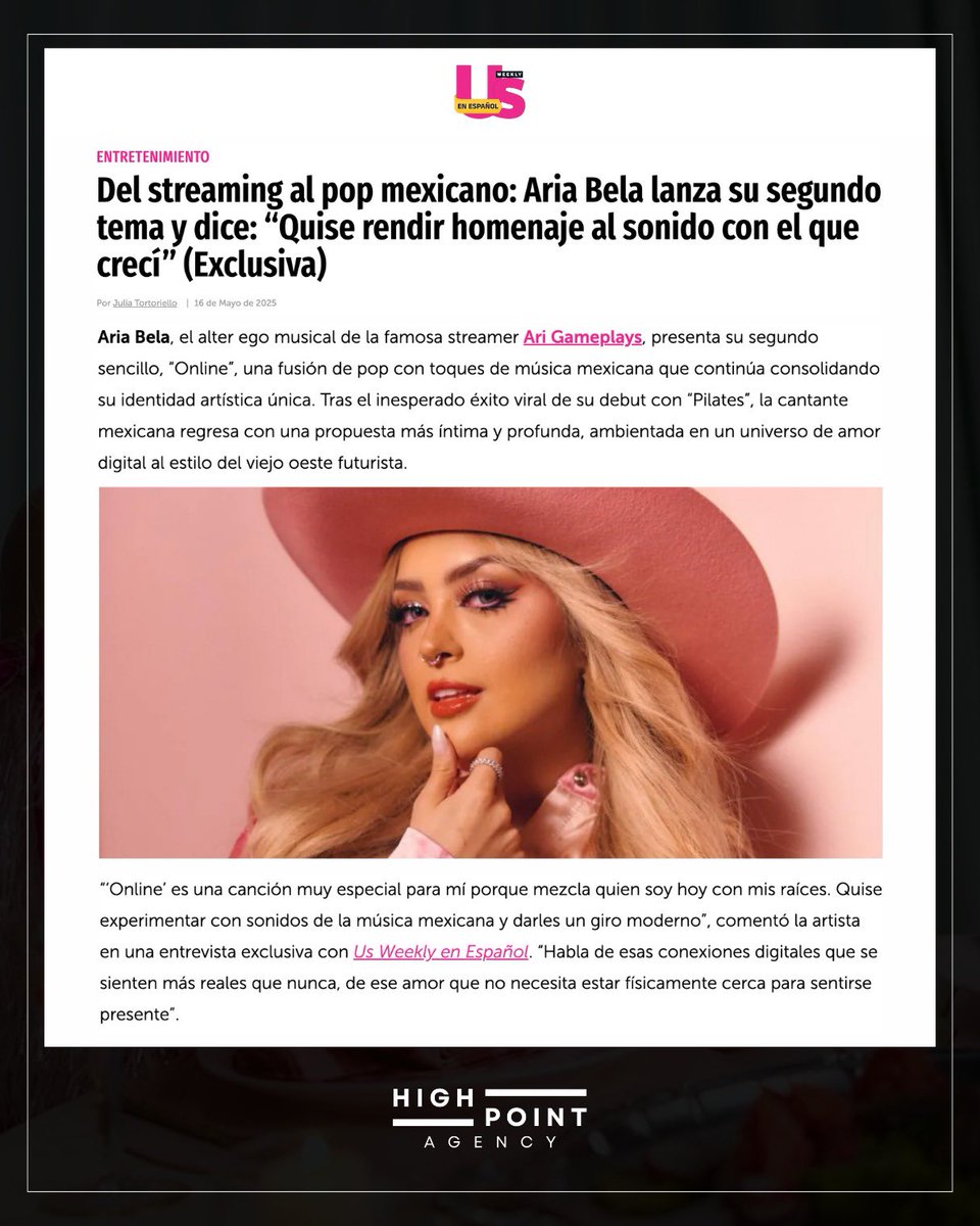 highpoint_agcy's tweet photo. “Del éxito viral a una promesa del pop latino” 🔥 @UsWeeklyEspanol 

#AriaBela muestra una faceta mucho más ligada a sus raíces con su nuevo tema #Online✨

👉🏼https://t.co/XMbYQiRnww…

@arigameplays #Ariabela #arigameplays #Highpointagency https://t.co/Oo8CRFoOoA