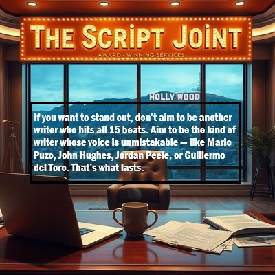 TheScriptJoint's tweet image. If you want to stand out, don't aim to be another writer who hits all 15 beats. Aim to be the kind of writer whose voice is unmistakable -- like Mario Puzo, John Hughes, Jordan Peele, or Guillermo del Toro. #screenwritingtips #storytelling #screenwriting