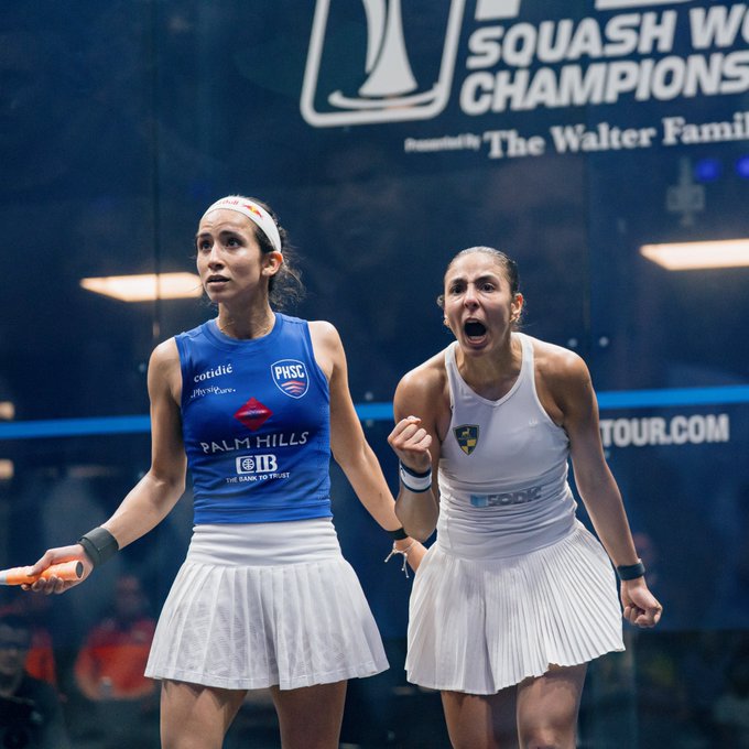 Hania El Hammamy celebrates her semi-final victory at the PSA World Championships 