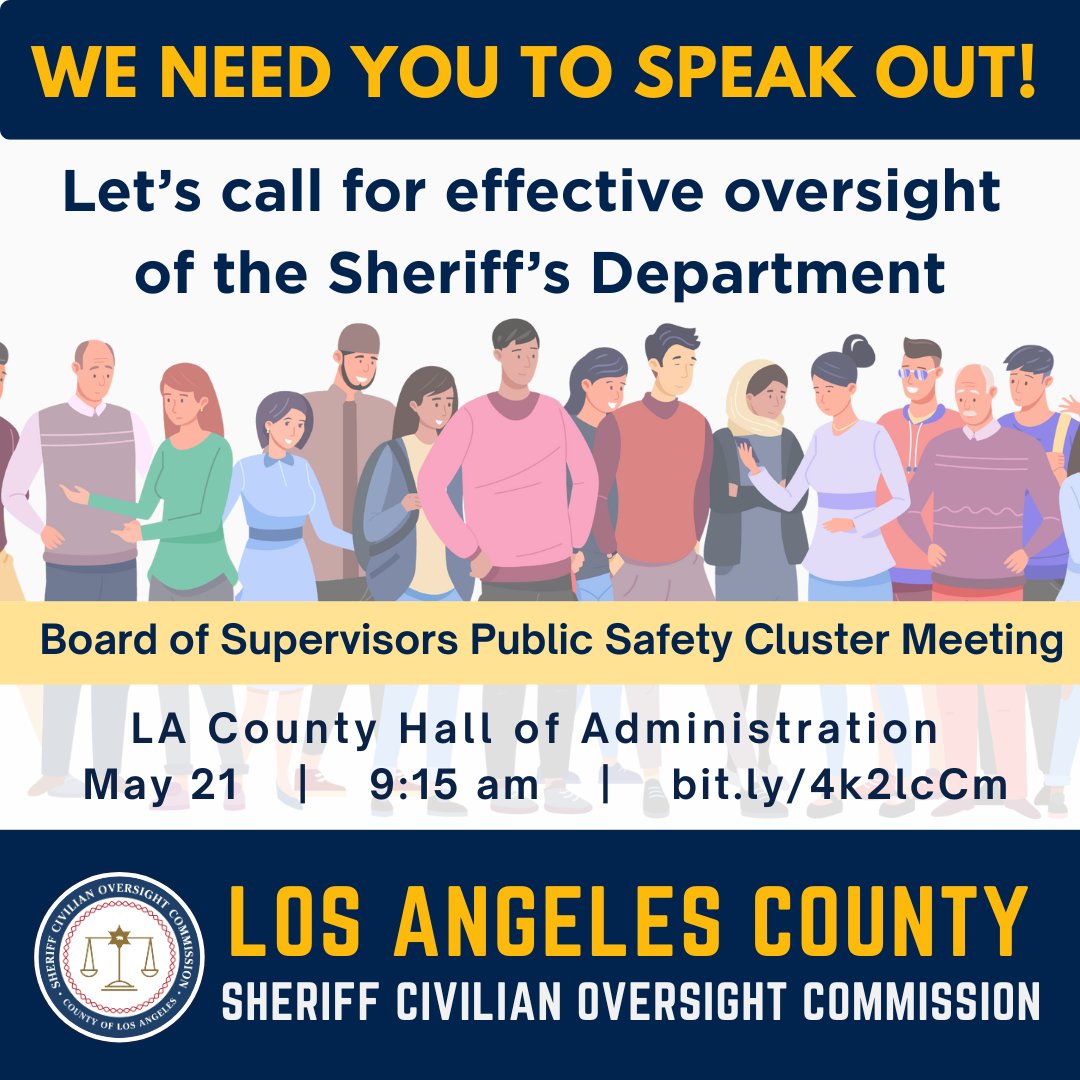 Join us May 21st in advocating changes to our governing ordinance to strengthen oversight of the largest Sheriff's Department in the country. We'll respond to the Sheriff's position during the meeting.