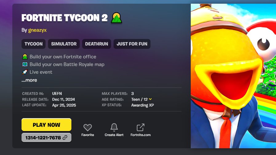 If you want to gain XP:
- 500+ Level Parkour has just been calibrated 🙌
➡ play.fn.gg/island/9452-04…

- Fortnite Tycoon 2 has it too 
➡ play.fn.gg/island/1314-12… 

Both maps are fun to play 😌

#FortniteCreative #PleaseINeedTrendingInDiscover
