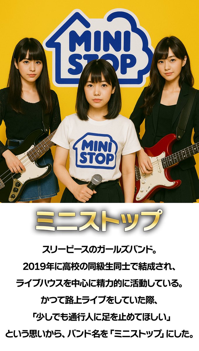 pazu_official's tweet photo. 「コンビニの名前」のバンドがもし存在したら…という妄想をしてみました。 https://t.co/d2mws3BC0l