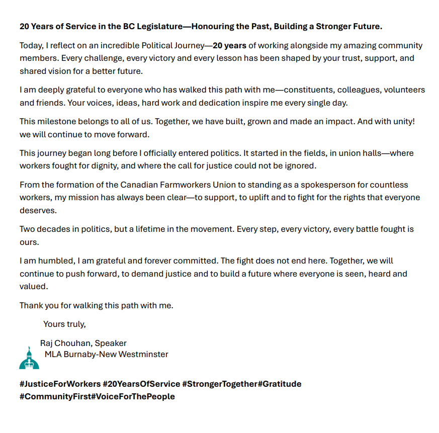 Raj Chouhan (@rajchouhan) on Twitter photo 20 Years of Service in the <a href="/BCLegislature/">BC Legislature</a>
Today, I reflect on an incredible Political Journey—20 years of working alongside my amazing community members. Every challenge, every victory and every lesson has been shaped by your trust, support and shared vision for a better future. 20 Years of Service in the <a href="/BCLegislature/">BC Legislature</a>
Today, I reflect on an incredible Political Journey—20 years of working alongside my amazing community members. Every challenge, every victory and every lesson has been shaped by your trust, support and shared vision for a better future.