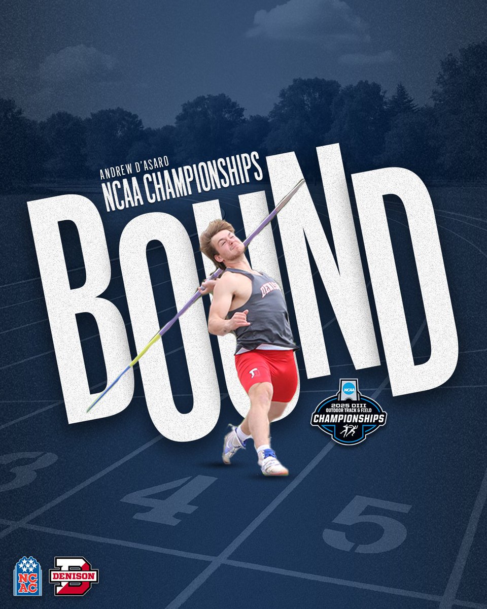 NCAC (@ncac) on Twitter photo ποΈ Ticket Punched ποΈ
Congratulations to <a href="/DenisonSports/">denisonsports</a>' Andrew DβAsaro (javelin), Chris Slater (hammer), and Ari Skolnik (110H) on punching their tickets to the 2025 <a href="/NCAADIII/">NCAA Division III</a> Outdoor Track & Field Championships!
#NCACPride | #d3tf ποΈ Ticket Punched ποΈ
Congratulations to <a href="/DenisonSports/">denisonsports</a>' Andrew DβAsaro (javelin), Chris Slater (hammer), and Ari Skolnik (110H) on punching their tickets to the 2025 <a href="/NCAADIII/">NCAA Division III</a> Outdoor Track & Field Championships!
#NCACPride | #d3tf