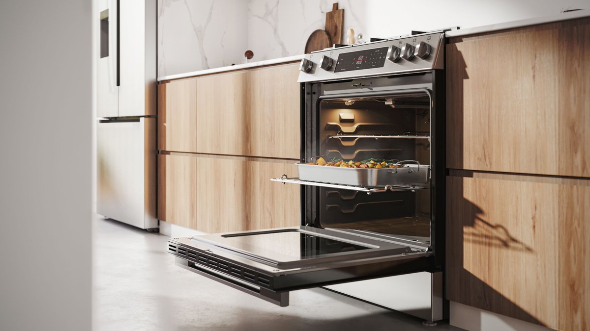The Bosch 100 Series range offers high performance at an approachable price. With a slide-in design and Fast Preheat, it ensures quick cooking. This versatile oven offers air frying, baking, and roasting for consistent results. Shop Bosch 100 Series here: buff.ly/HCMkhES
