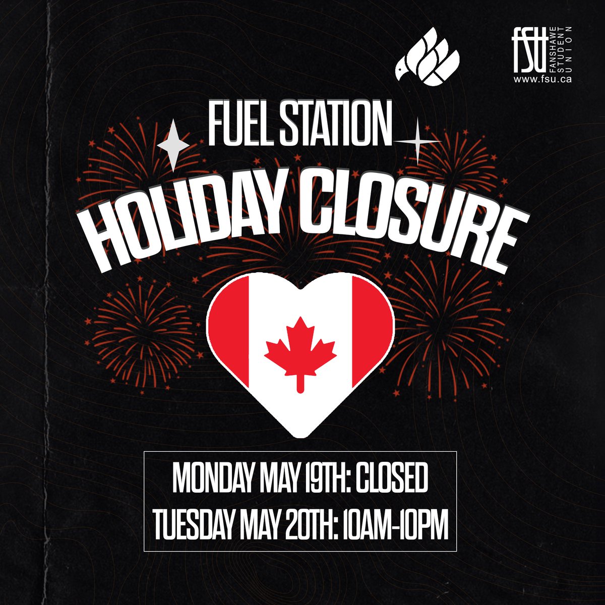 We have the Victoria Day long weekend upcoming! Due to this, we have adjusted the Fuel Station hours- we will be closed for the Monday holiday and re-open with our usual hours on Tuesday.
Fuel wishes you a great holiday weekend 🔥