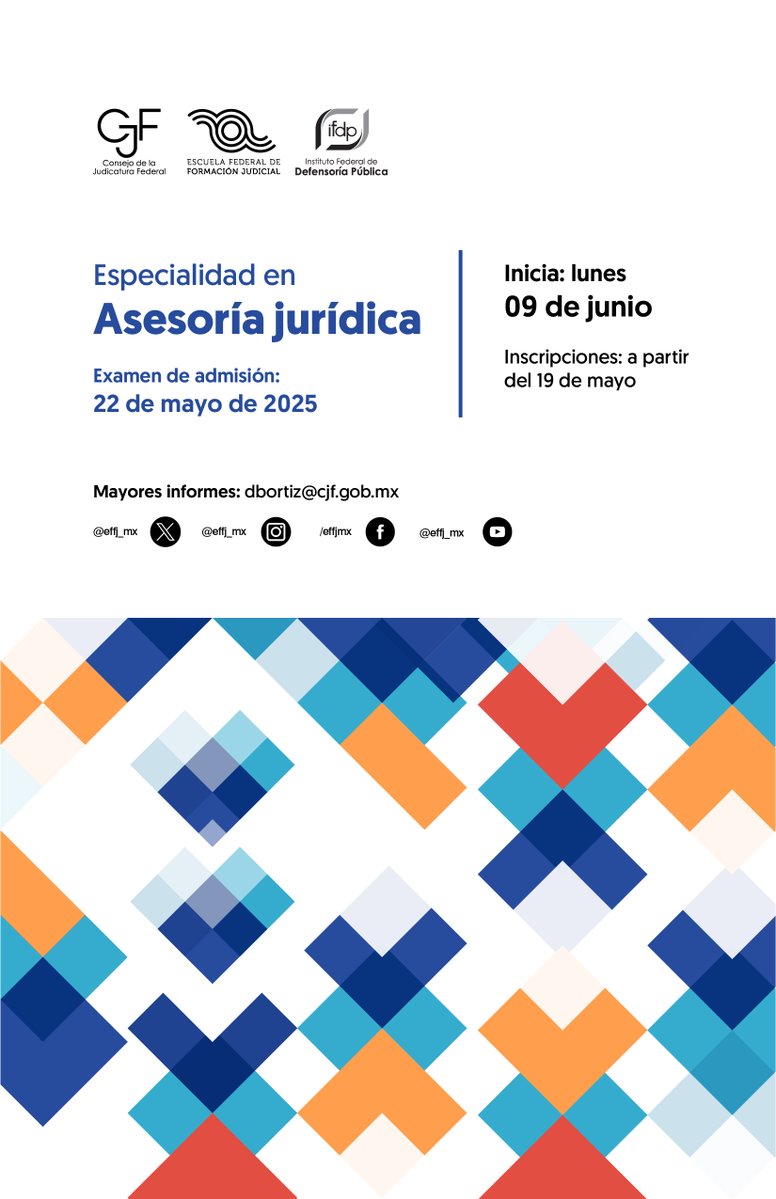 🔺Atención personal de la <a href="/defensoriaifdp/">Instituto Federal de Defensoría Pública</a>

Les invitamos a:

🔸Especialidad en defensa penal
cutt.ly/LrxT5LBK

🔹Especialidad en asesoría jurídica 
cutt.ly/KrxYhQ0A

Registro a partir de mañana en: escuelajudicial.cjf.gob.mx/v2/pages/Capac…