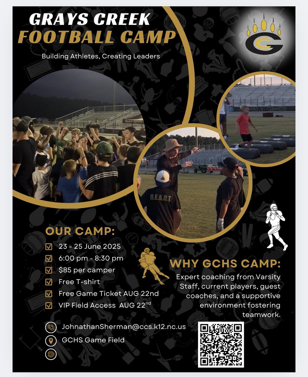 It’s that time of year already!!!! Gray’s Creek H.S. Football is having a youth camp again! It will be June 23rd-June 25th under the lights at the stadium 6:00PM -8:30PM! GO BEARS