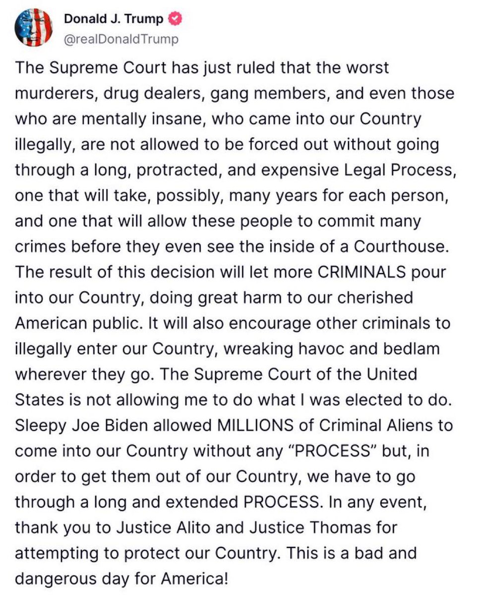 sxdoc's tweet image. Mike Davis on Supreme Court decision:
Seven Spineless Justices PUNTED the case back to the 5th Circuit Court to do their dirty work! Will they say Trump can deport under the Alien Enemies Act for which there is Precedent? More delay!
TO DELAY IS TO DENY Trump his Presidency;…