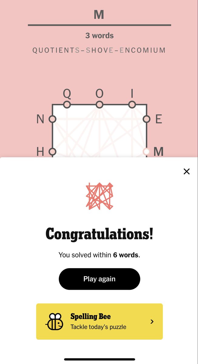 At the risk of unseemly braggadocio, I solved today’s <a href="/nytimes/">The New York Times</a> #LetterBoxed challenge in three words, not six. Did anyone crush it in two?
