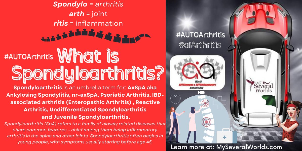 #Spondyloarthritis is an umbrella term for: #AxSpA aka #Ankylosing Spondylitis, nr-axSpA, #PsoriaticArthritis, IBD-associated arthritis , Reactive Arthritis, Undifferentiated SpA and Juvenile SpA. Learn more: myseveralworlds.com/?s=spondyloart…

#AiArthritis #AUTOArthritis
#MySeveralWorlds