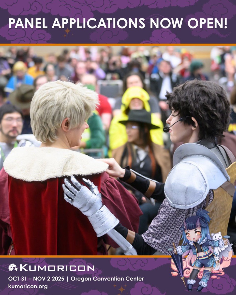Kumoricon 2025 panel applications are now open!
Whether you are a first-time panelist or a seasoned panel veteran, we want to share your fandom with everyone in our community!

We cannot wait to see what panels you submit! 
Visit our website at kumoricon.org/panel-applicat… to apply!