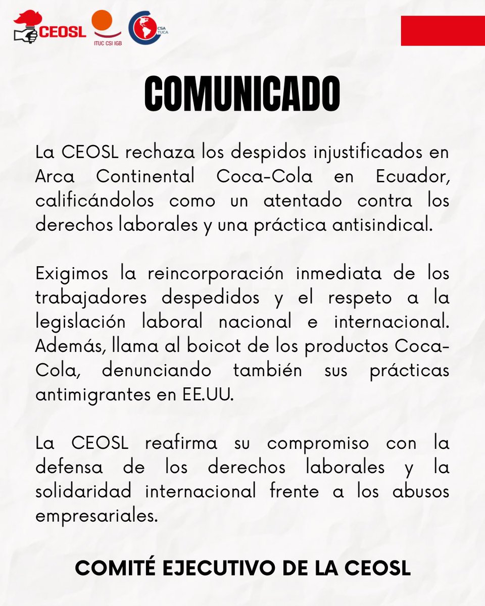 prensaceosl's tweet photo. 🔴 La CEOSL rechaza los despidos injustificados en Arca Continental @CocaColaEC 

No consumas #CocaCola https://t.co/fjLCosMMCq