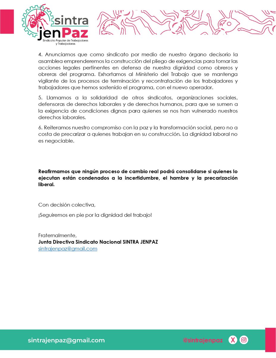 sintrajenpaz's tweet photo. #URGENTE 🚨 | CARTA ABIERTA  a las y los trabajadores vinculados al Programa Nacional #JovenesEnPaz, a la opinión pública, medios de comunicación, Ministerios y al operador Unión Temporal Territorio Y Paz.

¡Necesitamos garantías y soluciones inmediatas! @MinIgualdad_Col https://t.co/e2SxQBBosM