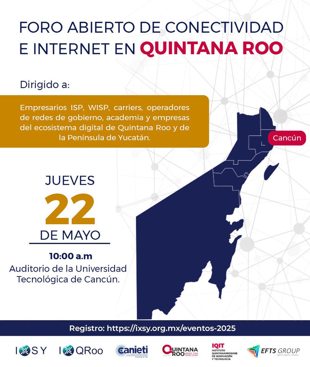 IXP_Yucatan's tweet image. 🌐 ¿Por qué asistir al Foro y Seminario IXP en Cancún?

💡 Conecta con expertos
📶 Mejora tus redes
🤝 Crea alianzas
📍 UT Cancún | 🗓️ 22-23 mayo

🎟️ Regístrate gratis: ixsy.org.mx/eventos-2025

#IXSY #ConectividadQRoo #IXPQuintanaRoo #InternetRegional