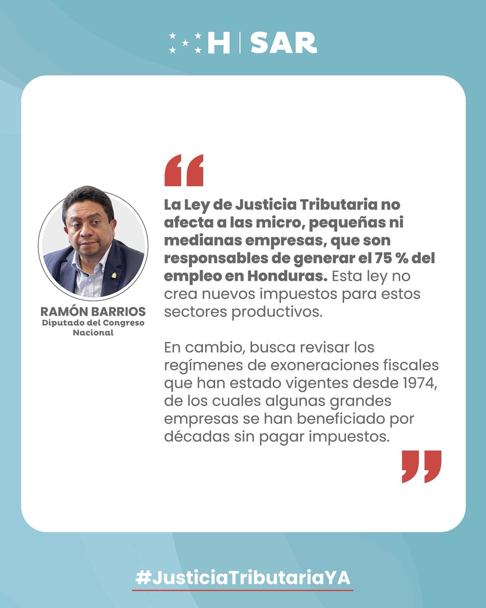 El diputado <a href="/ramonbarriosm/">Ramón Enrique Barrios</a> señaló que la Ley de Justicia Tributaria no elimina exoneraciones, sino que las reorganiza sin afectar derechos adquiridos.

Advirtió que en Honduras, quienes más ganan no son los que más pagan, como dicta un sistema justo. ⚖️