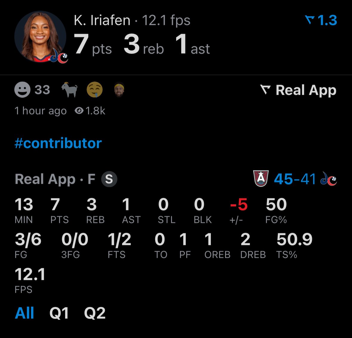 alwaysssaugtss's tweet image. Kiki Iriafen out here doin’ work in the first half!

7 PTS 🏀 | 3 REB 🐾 | 1 AST 🎯
3/6 FG | 50 FG% | 13 MIN ⏱️

Solid presence on both ends for the Mystics!

#Contributor #HalftimeHustle #WNBAStats #LockedIn #MysticsHoops