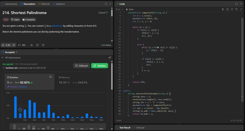 jsambhav5's tweet image. #Day227 of #250DaysOfDSA
Topics and Learnings: #KMPAlgorithm, #String
Problem Revised:
64. #LeetCode #214 : Shortest Palindrome
Approach:
Used Knuth–Morris–Pratt algorithm to solve this
Complexity Analysis:
TC: O(N)
SC: O(N)