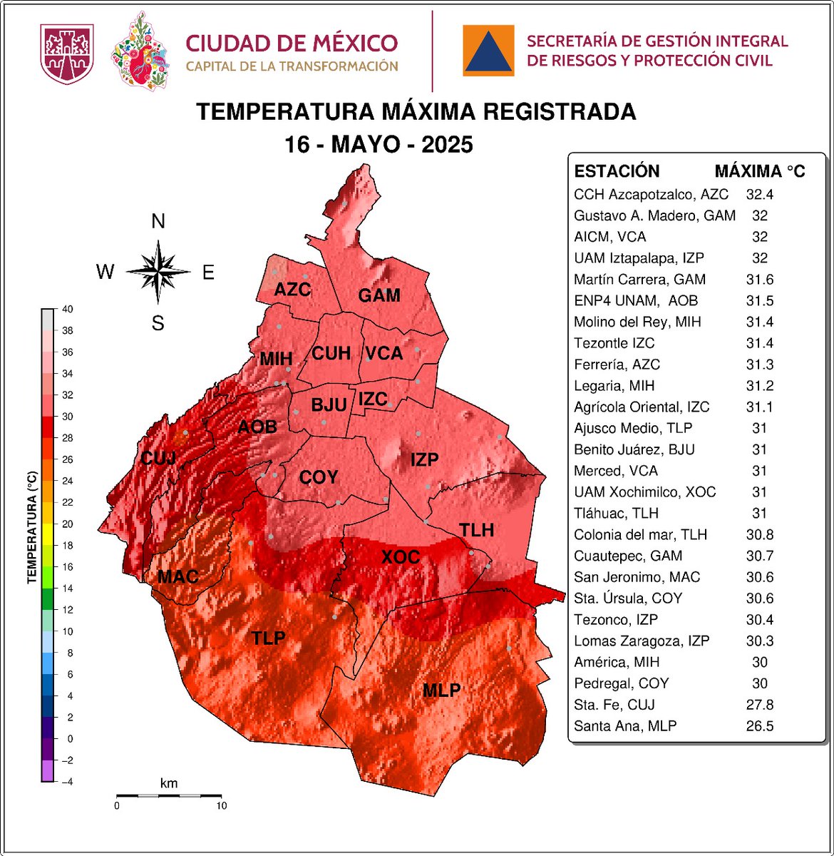 #CDMX: Hoy viernes se registraron hasta 32.4°C ⚠️, muy similar al día de ayer.

🔴🌦 Mañana sáb. las altas temperaturas continuarán (Tmáx. 31°C ⚠️) pero ahora con potencial de lluvias/tormentas aisladas.

⬇️⛈️ Para el dom. continuará disminuyendo la temp. (30°C ⚠️) con tormentas.