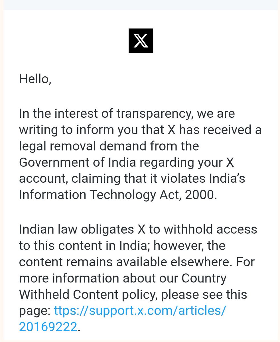 "بھارتی حکومت نے میرے ایکس اکاؤنٹ کے مواد کو انفارمیشن ٹیکنالوجی ایکٹ، 2000 کی خلاف ورزی قرار دیتے ہوئے بھارت میں اس تک رسائی روک دی ہے۔ میں اس فیصلے کا احترام کرتا ہوں اور صورتحال کو بہتر طور پر سمجھنے کی کوشش کر رہا ہوں۔ آپ سب کے تعاون کا شکرگزار ہوں۔#Transparency"