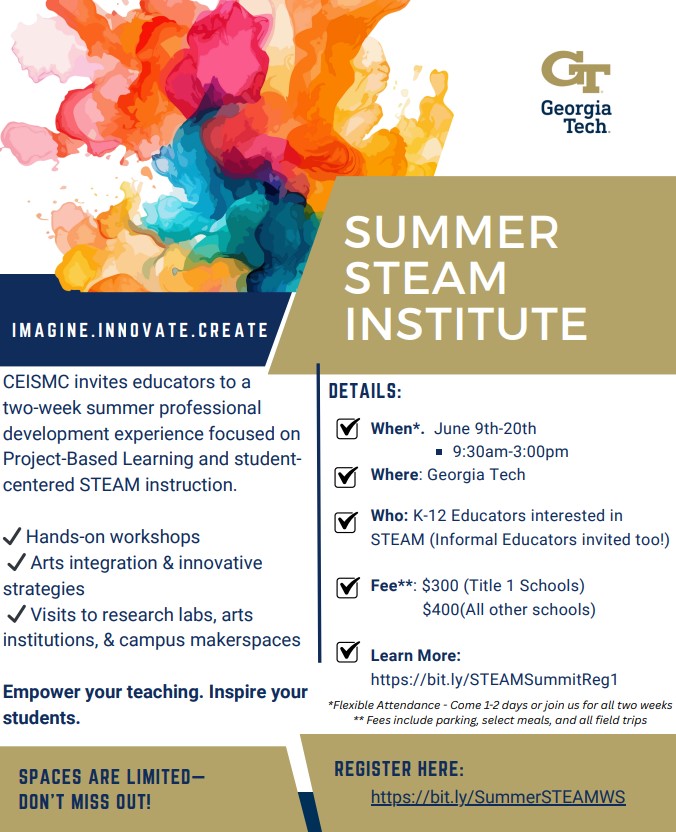 Science ATL (@scienceatl) on Twitter photo A great opportunity for educators this summer!
Join CEISMC <a href="/GeorgiaTech/">Georgia Tech</a> for a two-week STEAM Institute this summer! π
π
June 9β20, 2025
π Georgia Tech A great opportunity for educators this summer!
Join CEISMC <a href="/GeorgiaTech/">Georgia Tech</a> for a two-week STEAM Institute this summer! π
π
June 9β20, 2025
π Georgia Tech
