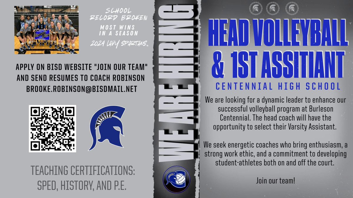 Brookeautumn Robinson (@brookeautumnr) on Twitter photo Please share if you know a strong candidate for the Head Volleyball position at Centennial High School. It is a great program with amazing kids. Scan the QR code to apply and email your resume to brooke.robinson@bisdmail.net #SpartanTough #JoinOurTeam Please share if you know a strong candidate for the Head Volleyball position at Centennial High School. It is a great program with amazing kids. Scan the QR code to apply and email your resume to brooke.robinson@bisdmail.net #SpartanTough #JoinOurTeam