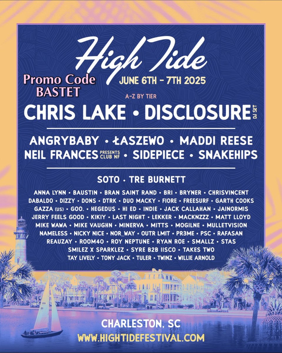 BastetPromotio1's tweet photo. We are just a few weeks away from @hightidemusicf1!! 💜✨ use promo code BASTET during checkout to save! 🤑

🎟️ https://t.co/t3wYx3fUHr 🎟️

#BastetPromotions #HighTide #HighTide2025 #HighTideFest #HighTideFestival #HighTideMusicFestival #HighTideSC https://t.co/pqJwAMwlO3