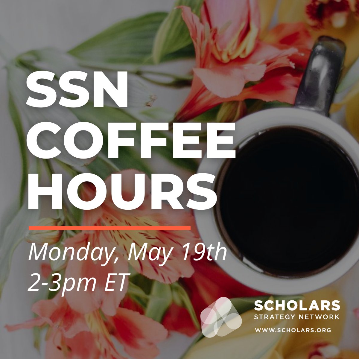 SSN members: Join <a href="/SSNScholars/">Scholars Strategy Network (bsky: @scholars.org)</a> for our monthly Coffee Hour! Connect with SSN staff &amp; fellow scholars to:

✅ Get feedback on an OpEd or policy brief
✅ Discuss public engagement goals
✅ Ask membership questions

🗓️May 19th, 1-2 PM CDT
🔗 Register: scholars.my.salesforce-sites.com/event/home/ssn…