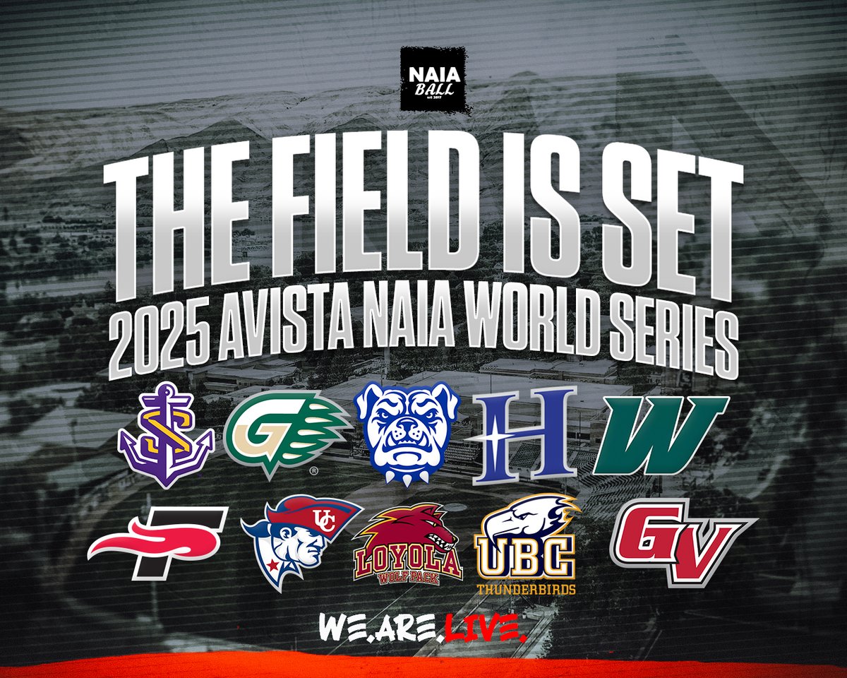 NAIA Ball (@naiaball) on Twitter photo And then there were ten. The Field is set for the 2025 Avista NAIA World Series!
#1 <a href="/LSUS_Baseball/">πππ πππ§ππ«ππ₯π€π§π© π½ππ¨ππππ‘π‘</a>
#2 <a href="/GGC_Baseball/">GGC Baseball</a>
#3 <a href="/TWU_Baseball/">Tennessee Wesleyan Baseball</a>
#4 <a href="/HIURoyals/">HIU Athletics</a>
#5 <a href="/webber_bsb/">Webber Baseball</a>
#6 <a href="/SEUFireBaseball/">Southeastern Baseball</a>
#7 <a href="/PatsBaseballUC/">UC Baseball</a>
#8 <a href="/LoyolaWolfPack/">Loyola Athletics</a>
#9 <a href="/ubc_baseball/">UBC Baseball</a>
#10 <a href="/GVBaseball_/">Grand View Baseball</a>
#NAIABall And then there were ten. The Field is set for the 2025 Avista NAIA World Series!
#1 <a href="/LSUS_Baseball/">πππ πππ§ππ«ππ₯π€π§π© π½ππ¨ππππ‘π‘</a>
#2 <a href="/GGC_Baseball/">GGC Baseball</a>
#3 <a href="/TWU_Baseball/">Tennessee Wesleyan Baseball</a>
#4 <a href="/HIURoyals/">HIU Athletics</a>
#5 <a href="/webber_bsb/">Webber Baseball</a>
#6 <a href="/SEUFireBaseball/">Southeastern Baseball</a>
#7 <a href="/PatsBaseballUC/">UC Baseball</a>
#8 <a href="/LoyolaWolfPack/">Loyola Athletics</a>
#9 <a href="/ubc_baseball/">UBC Baseball</a>
#10 <a href="/GVBaseball_/">Grand View Baseball</a>
#NAIABall