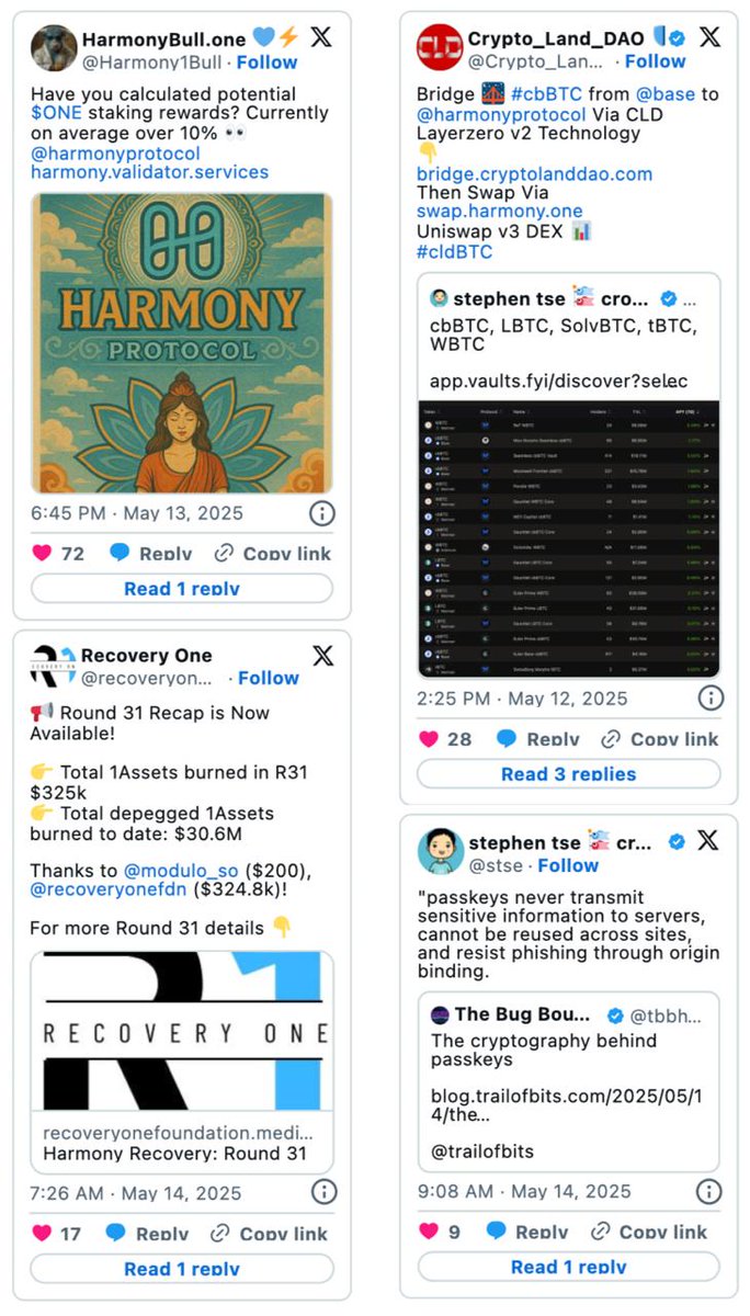harmonyprotocol's tweet photo. This week on Harmony 👨‍🚀

💸 @Harmony1Bull shares https://t.co/C8z3GMlTE9 for calculating staking rewards
🌱 @recoveryonefdn round 31 recap
🌉 @Crypto_Land_DAO shows how to bridge #cbBTC to Harmony
🔐 @stse shares the power of passkeys https://t.co/4Fgyocy48s