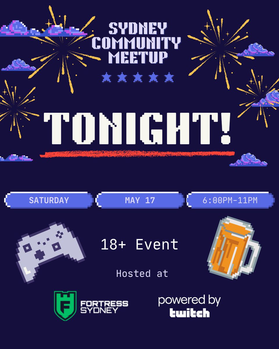Sydney Community Meetup (@twitchsydney) on Twitter photo Sydney Twitch community meetup kicks off at <a href="/FortressSydney/">Fortress Sydney</a> TONIGHT 💜
🎮 Games
🍺 Drinks
🎶 Tunes
📸 Photos
👕 Merch
See you from 6 PM!
RSVP meetups.twitch.tv/e/mnzfbf/
#TwitchSydney #StreamerLife #PoweredByTwitch
RT appreciated 🙏 Sydney Twitch community meetup kicks off at <a href="/FortressSydney/">Fortress Sydney</a> TONIGHT 💜
🎮 Games
🍺 Drinks
🎶 Tunes
📸 Photos
👕 Merch
See you from 6 PM!
RSVP meetups.twitch.tv/e/mnzfbf/
#TwitchSydney #StreamerLife #PoweredByTwitch
RT appreciated 🙏