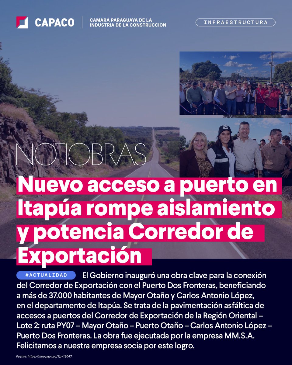 capaco_oficial's tweet photo. 🚧 #NotiObras | Actualidad del sector
Te presentamos un nuevo resumen de noticias clave que marcan el ritmo de la infraestructura y el desarrollo en Paraguay.
Obras en marcha, inauguraciones, licitaciones y avances técnicos que reflejan el compromiso con la mejora de la calidad de vida de las personas.
📲 Deslizá para ver los detalles de cada proyecto.
#CAPACO
#ConstrucciónParaguay
#Infraestructura #ObrasQueTransforman