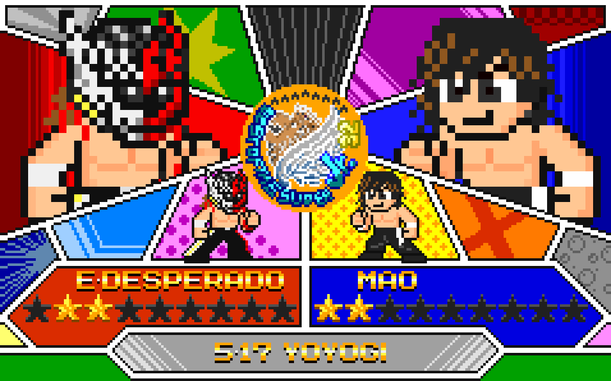 DaizonNonaka's tweet photo. BOSJ32代々木大会。
今日の注目カードはBブロックのデスペラード選手対MAO選手の一戦。惹かれ合う両者の一戦は世界観の闘いになる気配。“DDTを背負う”ということはアレやコレやDD号とか投入するのかも？
#njpw #ddtpro #dotswrestler #pixelart https://t.co/qzvzahkaEn