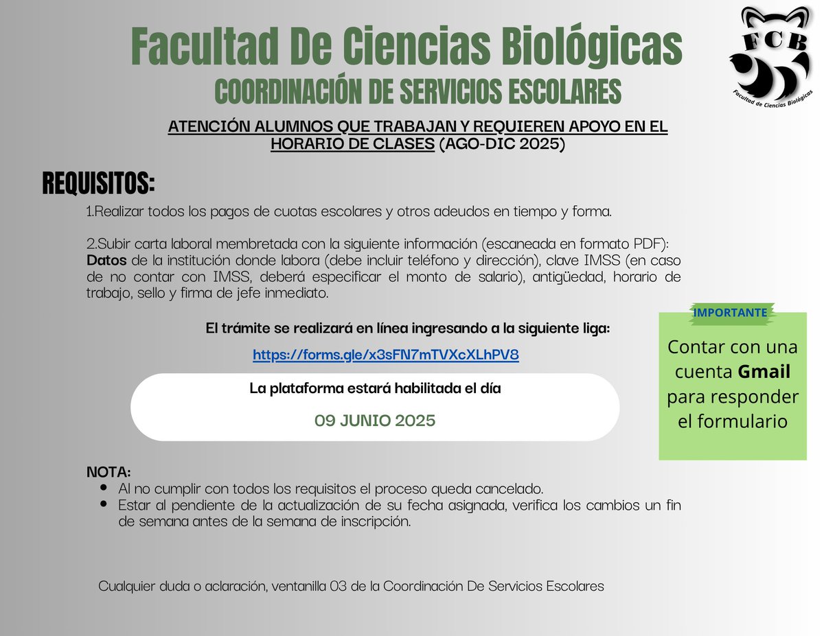Atención Alumnos que trabajan y requieren apoyo en el horario de clases (AGO-DIC 2025)

Liga para el trámite: forms.gle/x3sFN7mTVXcXLh…