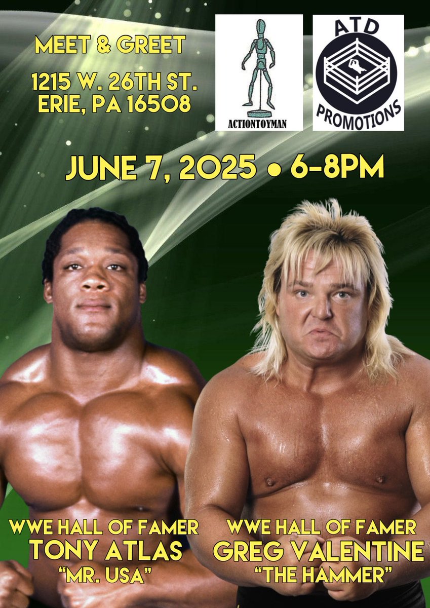 We’re 3 weeks away from our tour with WWE Hall of Famers Greg Valentine and Tony Atlas! 

Don’t miss out on meeting two true legends of WWE’s golden era in Pittsburgh, Niles and Erie! 

Mail orders are still available if you cannot attend in person.