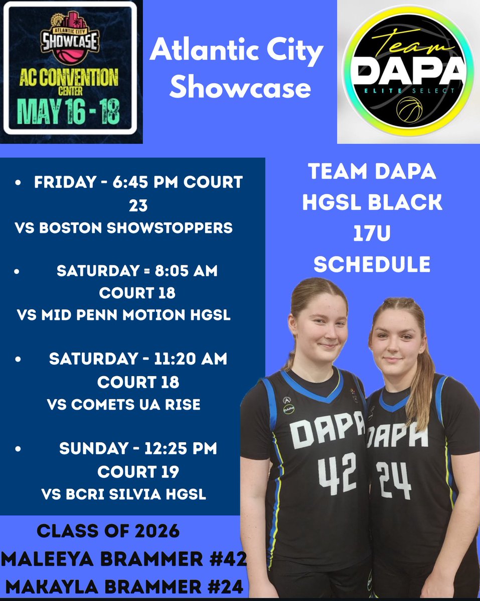 Makayla Brammer (@makayla_brammer) on Twitter photo Schedule for this weekend in Atlantic City! Come watch us play! class of ‘26
<a href="/coachajpuckett/">Angi Puckett</a> <a href="/team_dapa/">Team_Dapa</a> <a href="/maleeya_brammer/">Maleeya Brammer</a> <a href="/CoachHeard_AEBL/">Coach Heard</a> Schedule for this weekend in Atlantic City! Come watch us play! class of ‘26
<a href="/coachajpuckett/">Angi Puckett</a> <a href="/team_dapa/">Team_Dapa</a> <a href="/maleeya_brammer/">Maleeya Brammer</a> <a href="/CoachHeard_AEBL/">Coach Heard</a>