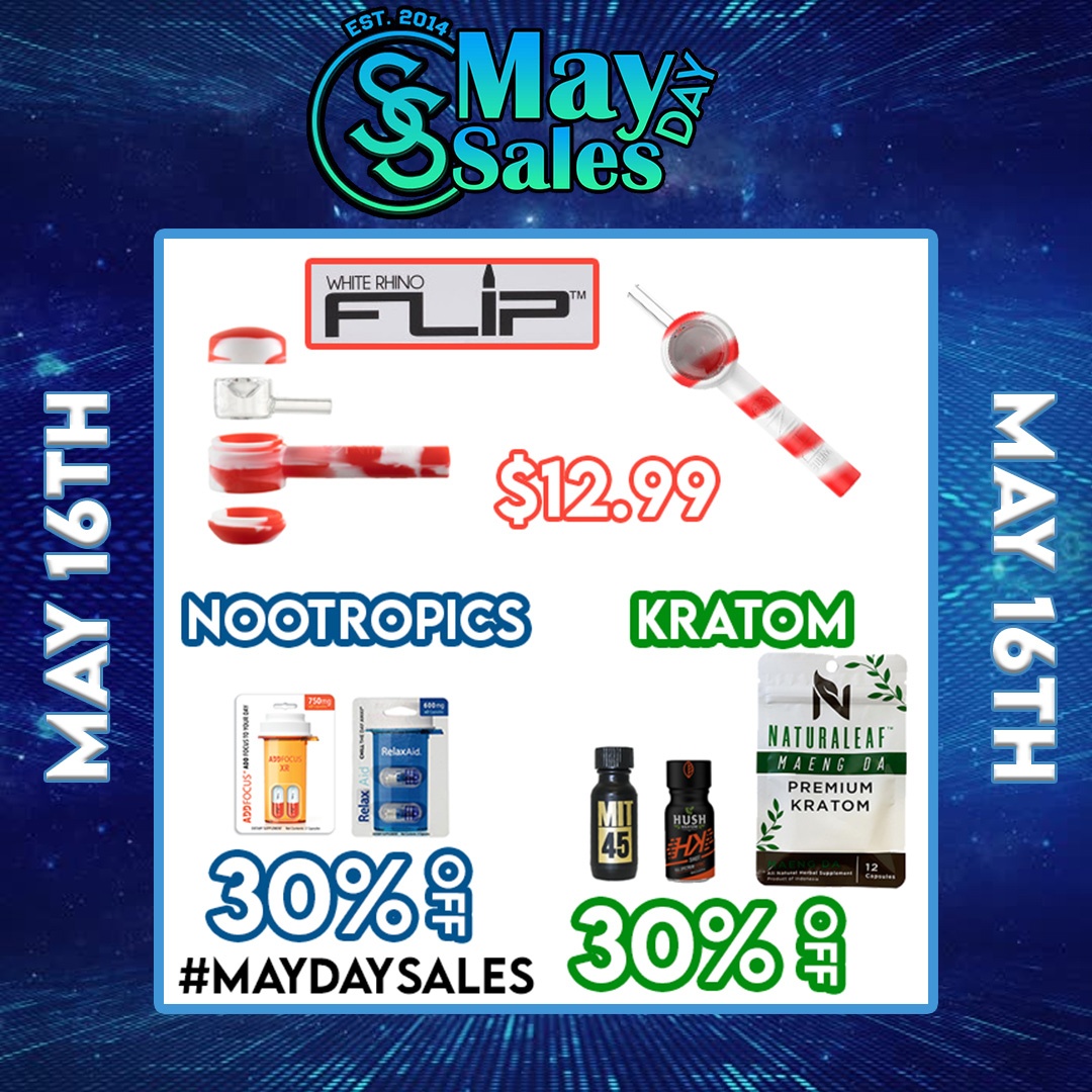 SmokeSpotCBD's tweet photo. Happy Friday!  This Month we're celebrating 11 Years in Business with a new sale everyday!  Today Come and get Kratom and Nootropics 30% off!  Or get the White Rhino Flip - a Hand Pipe, that's also a Nectar Collector for only $12.99! https://t.co/pD5cPRY0SC