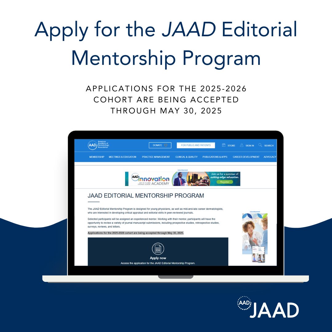 Applications are open! The JAAD Editorial Mentorship Program pairs young and experienced dermatologists with editorial mentors to build peer review &amp; critical appraisal skills. Apply by May 30: bit.ly/3rBJBp2