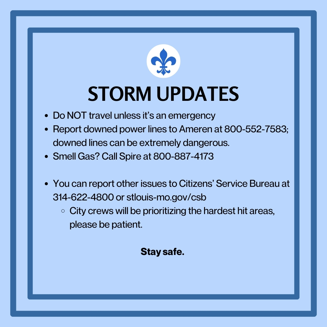 🚨 ATTN 🚨 

If you're experiencing issues please report them to <a href="/stlcsb/">Citizens' Svc Bureau</a>. 

Down lines ⚡️ should be reported to Ameren at 800-552-7583

Smell Gas? Call Spire at 800-887-4173