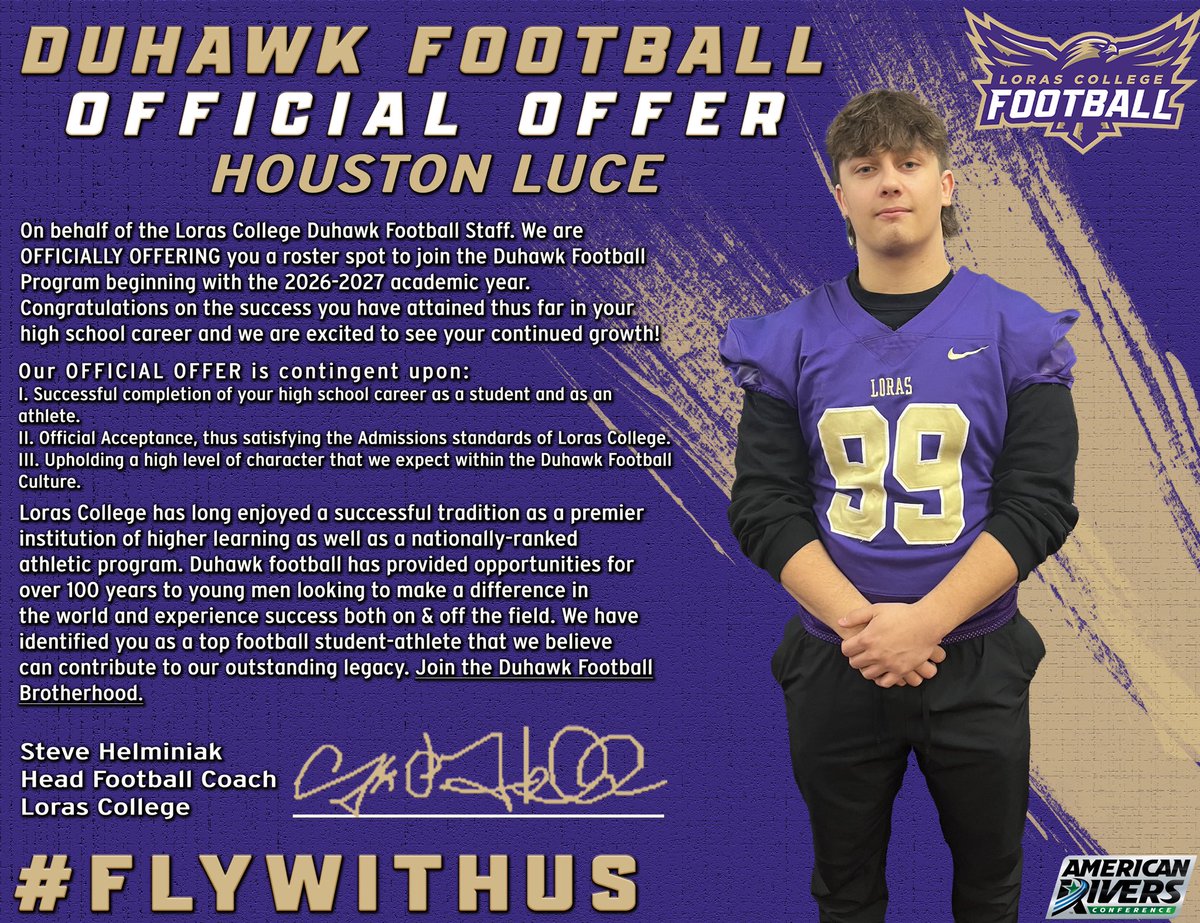 After a great conversation with <a href="/CoachHLorasFB/">Steve Helminiak</a>, I am excited and very honored to say I've received an offer to play college football from Loras College.
<a href="/LorasCollegeFB/">Loras Football</a> <a href="/CoachGBower/">Greg Bower</a> <a href="/FBCoachBlaze/">Coach Blaze</a> <a href="/FootballCoachO/">Coach Jake Olsen</a> <a href="/rjschutts/">Ryan Schutty</a> <a href="/jordenstuder/">Jorden Studer</a> <a href="/achs_jaguar/">ACHS Jaguar Football</a>